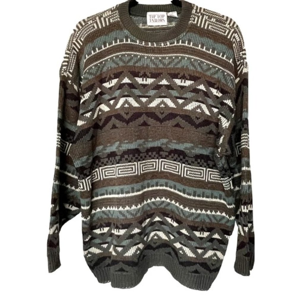 Vintage Tip Top Tailors Brown Teal Long Sleeve Aztec Fair Isle Men's Sweater M